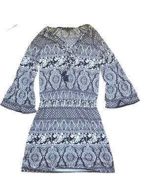 Boho Style Black and White Dress Tie Neckline Elastic Drop Waist Bell Sleeves